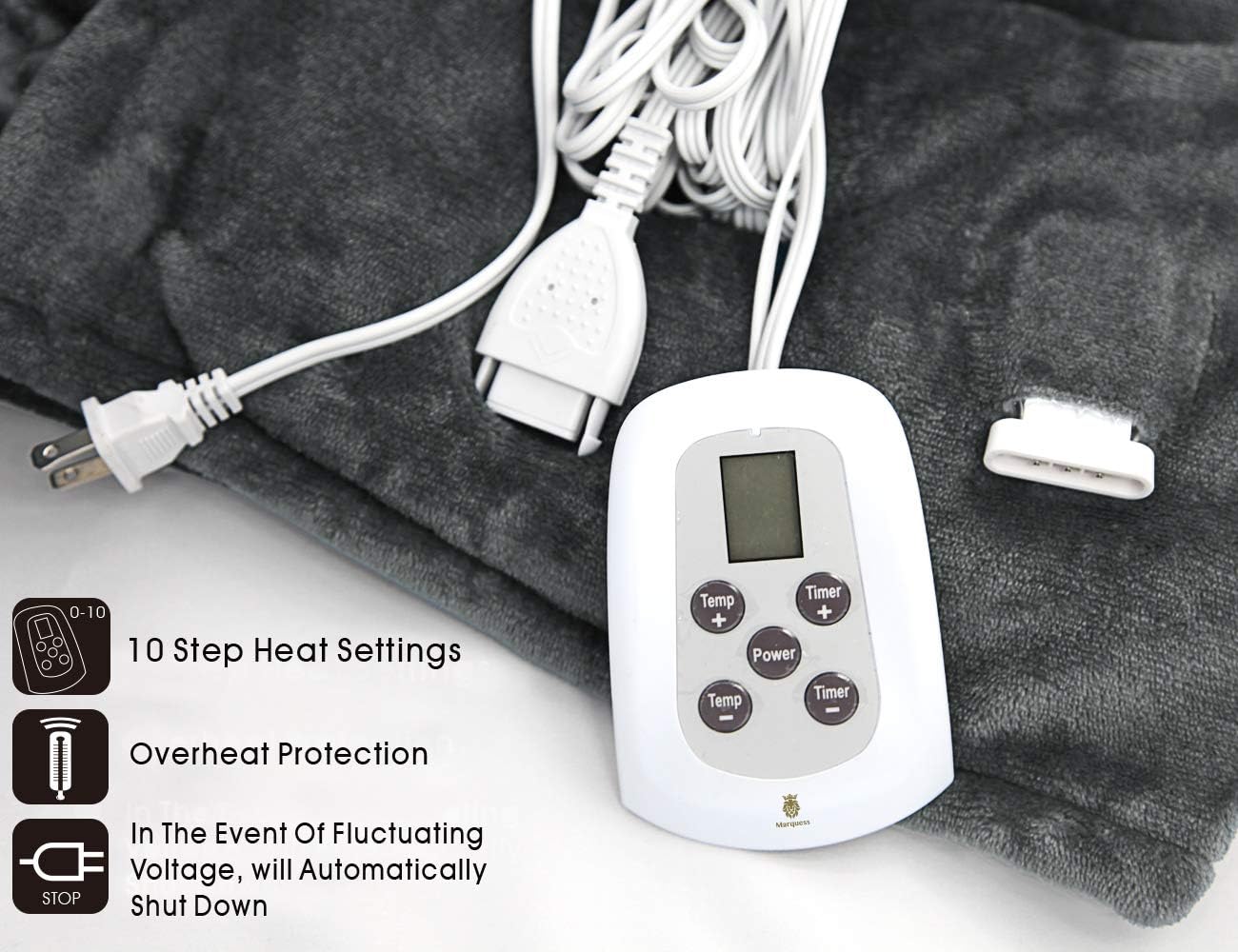 MARQUESS Heated Blanket Throw,Flannel Sherpa Washable and Comfortable Electric Blanket with 4 Settings, Safety 10 Hours Auto-Off &Dual Temperature Dual Control by One Blanket(King, Grey): Kitchen & Dining