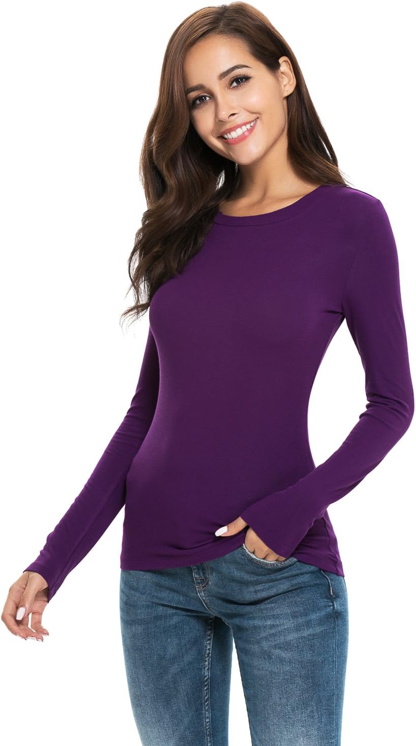 Womens Basic Long Sleeve Crew Neck Comfy Layering Slim Fit Stretch Henley Tees Shirts Top