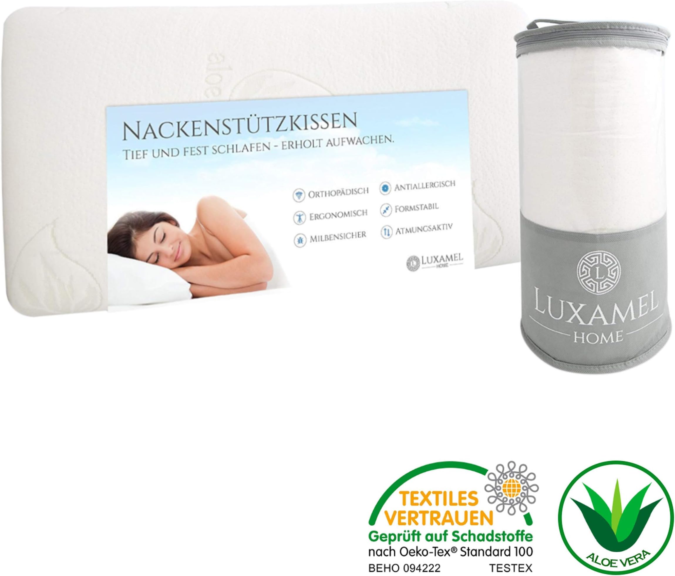 Luxamel neck pillow, with aloe vera pillow cover, cervical pillow, viscose pillow for pillowcases in 80 cm x 40 cm, orthopaedic pillow against head and neck pain from pressure-balancing visco gel foam. Suitable for allergy sufferers., visco foam, White, 70x40x9cm