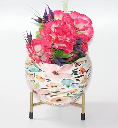 Elegant Crafts India Indoor Plant Pot or Table Planter with Rust Free Metal Stand for Indoor and Outdoor Gardening Plants Pack of 1 Width X Height 06X06 Inches (Multicolour Floral Leaf Design)