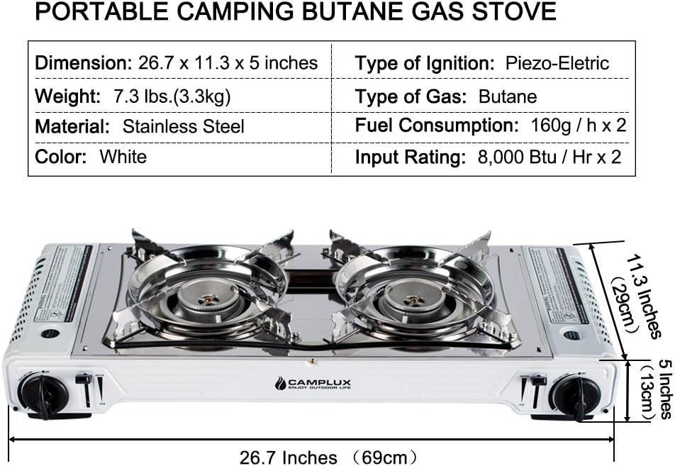 Camplux Portable Camping Butane Gas Stove Twin Burner 16,000BTU with Carrying Case, Stainless Steel (Stainless Steel & White): Sports & Outdoors