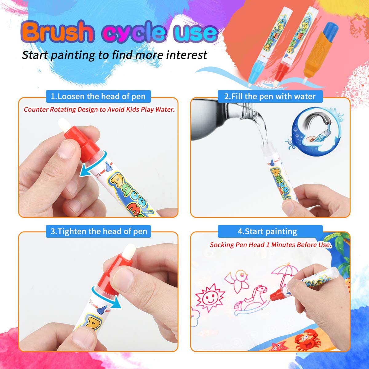 Hommate Water Doodle Mats Drawing Mat Multicolor Large Size 39.3 x 27.6 Inch Sea World Educational Learning Birthday Toys Gifts for 2 3 4 Years Old Girls Boys Tolddlers Kids