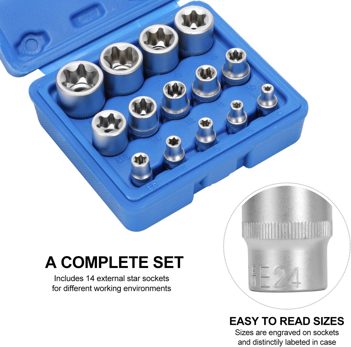 Helakls 14 Piece External Star Torx Socket Set Metric E4 To E24 Cr V Steel 1 4 3 8 And 1 2 Inch Drive Female E Torx Torque Socket With Storage Case Sockets Socket Sets Individual Drive Sockets