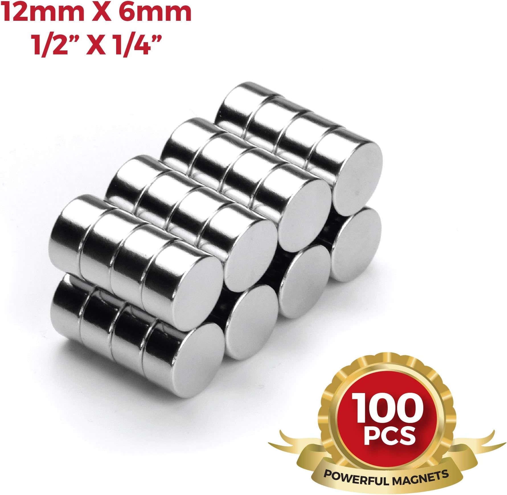 12mm x 6mm 1/2" x 1/4" Round Disc Magnets 12x6mm for Refrigerator, Science, Crafts, Arts, Whiteboard, DIY, by NEOGAUSS N52 (100)