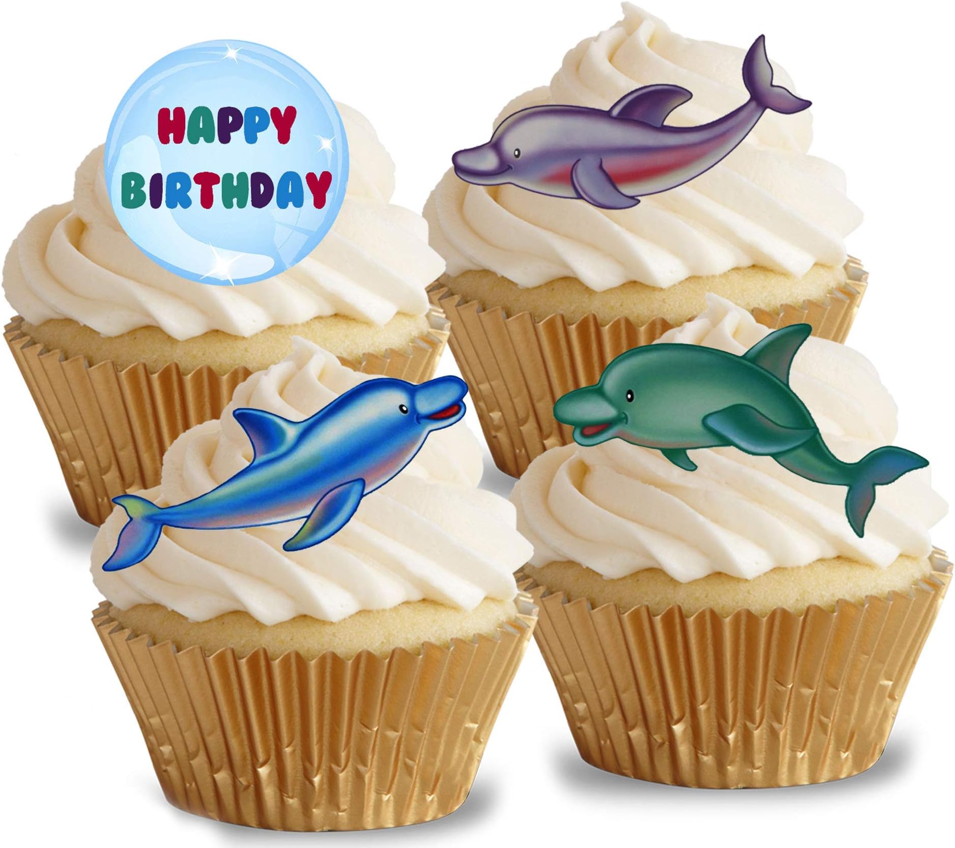 PRE-CUT HAPPY BIRTHDAY DOLPHINS EDIBLE RICE/WAFER PAPER CUPCAKE CAKE TOPPERS BIRTHDAY PARTY DECORATIONS