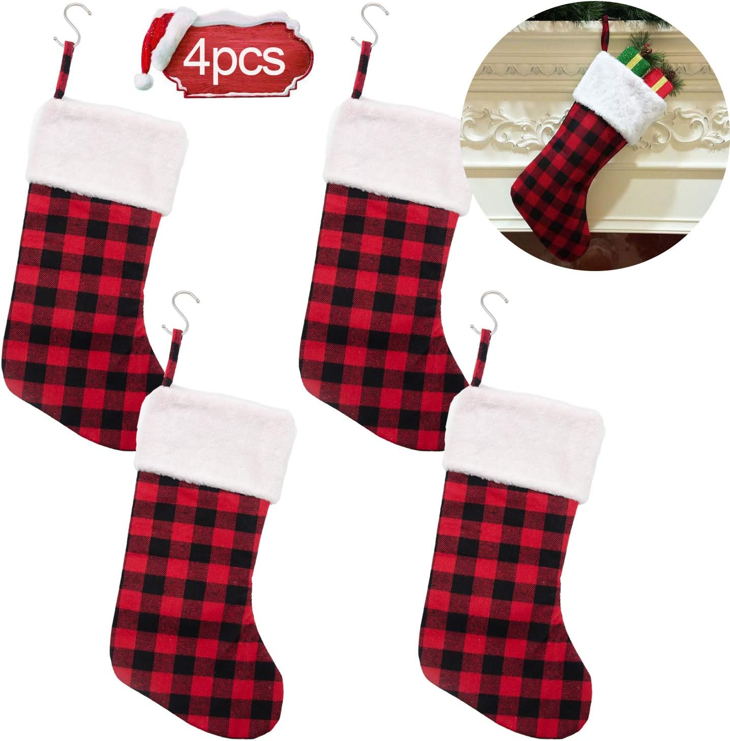 IceyyyyIceyyyy 4 Set Christmas Stockings - 16.5 Inch Red and Black Buffalo Plaid Christmas Stockings Ornament with Plush Cuff for Family Holiday Xmas Party Decorations …