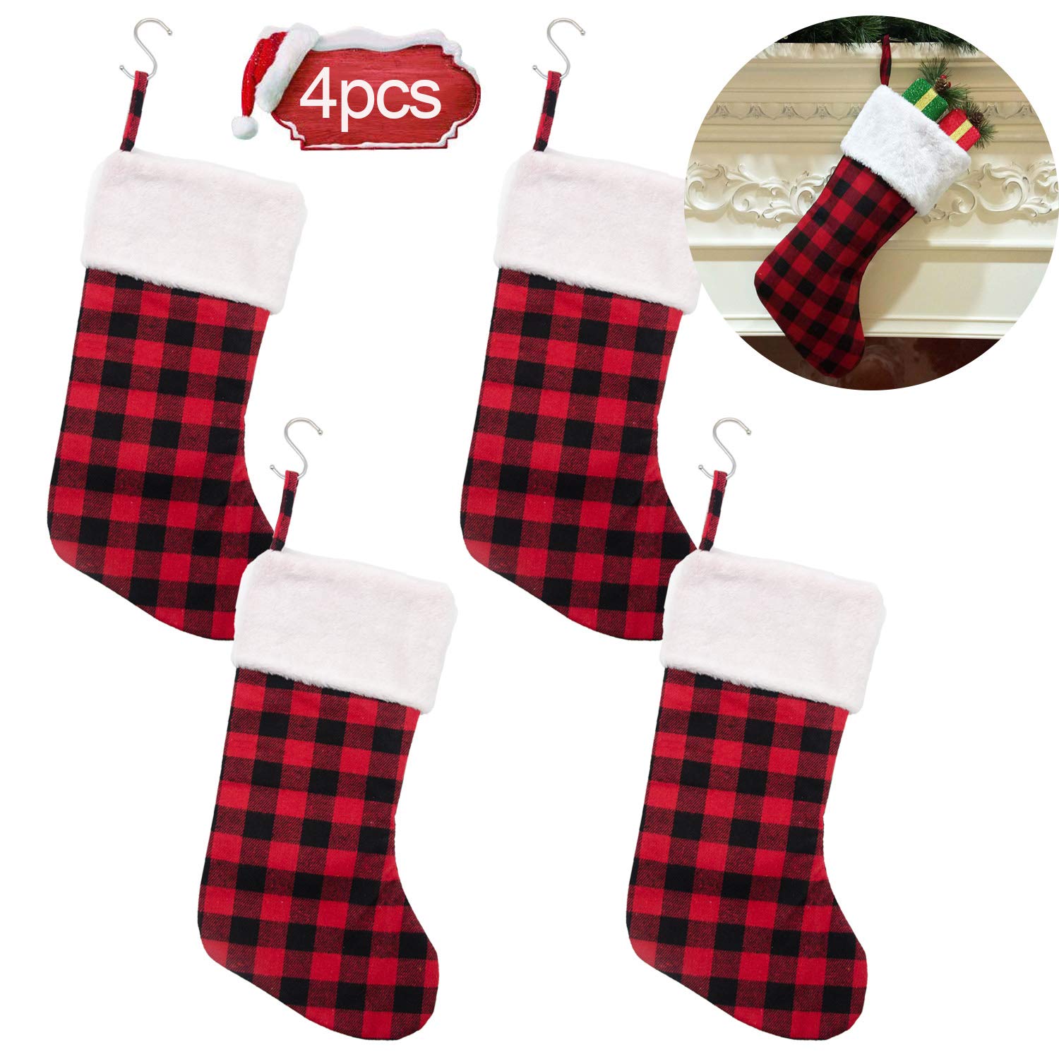 IceyyyyIceyyyy 4 Set Christmas Stockings - 16.5 Inch Red and Black Buffalo Plaid Christmas Stockings Ornament with Plush Cuff for Family Holiday Xmas Party Decorations …