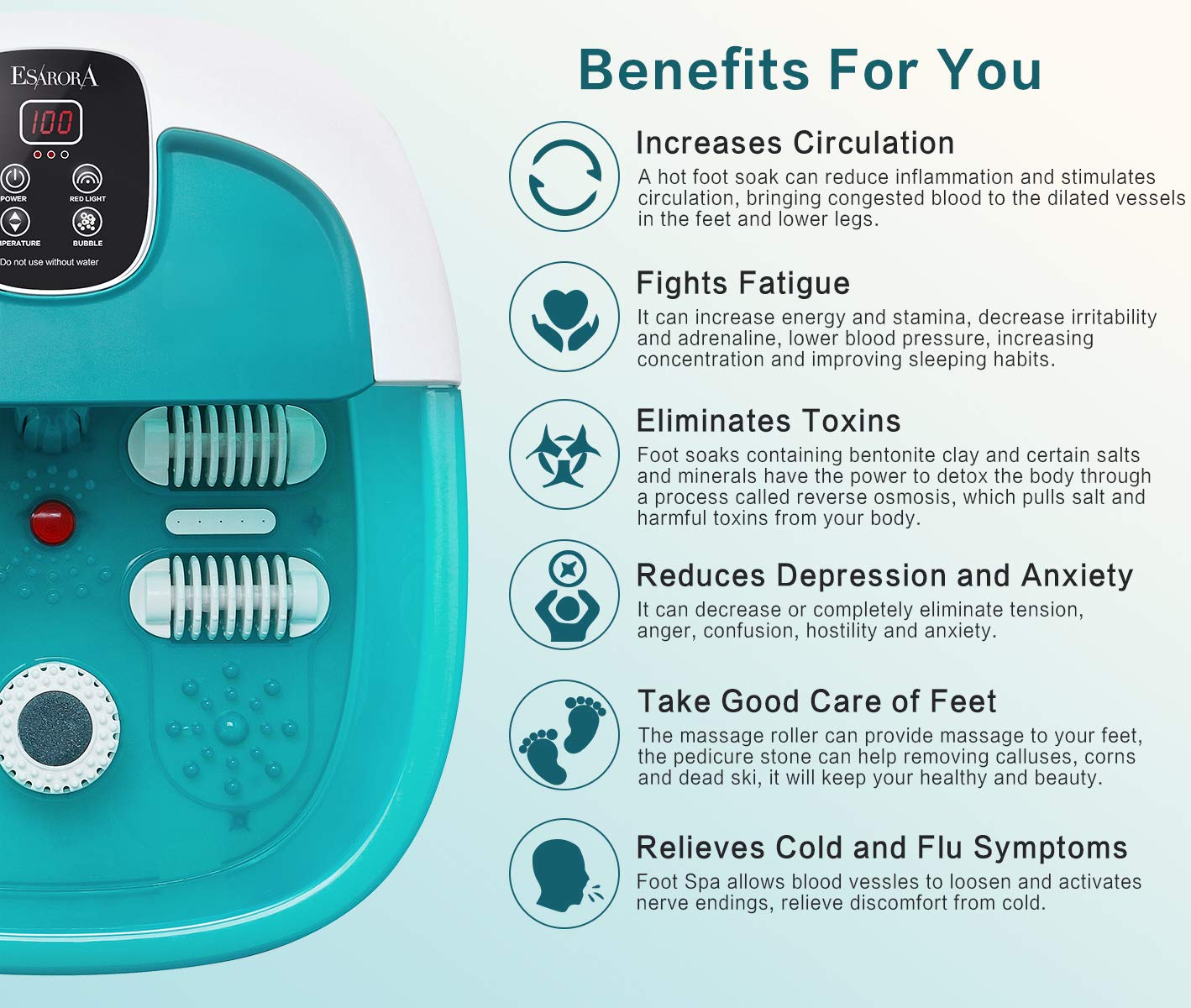 Foot Spa, ESARORA Foot Bath Massager with Heat, Bubbles, Pumice Stone, Medicine Box, Temperature Control, Red Light, Ergonomic Massage Rollers and Acupressure Massage Points, Soothe & Relax Tired Feet: Beauty