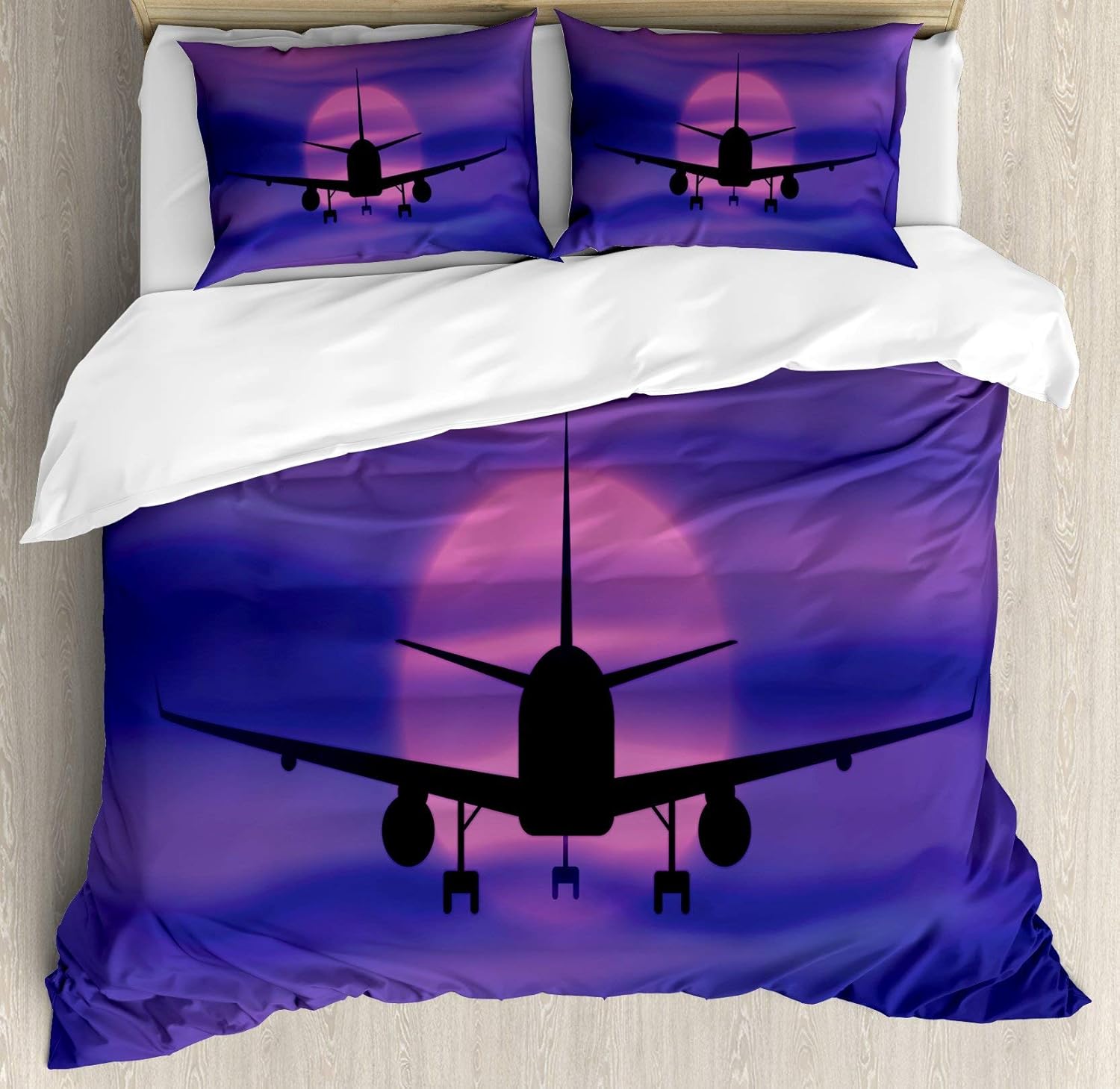 amazon com usophia airplane 4 pieces bed sheets set king size plane silhouette in dreamy sunset sky vacation holiday travel theme floral duvet cover set royal blue pink black home kitchen usophia airplane 4 pieces bed sheets set king size plane silhouette in dreamy sunset sky vacation holiday travel theme floral duvet cover set royal