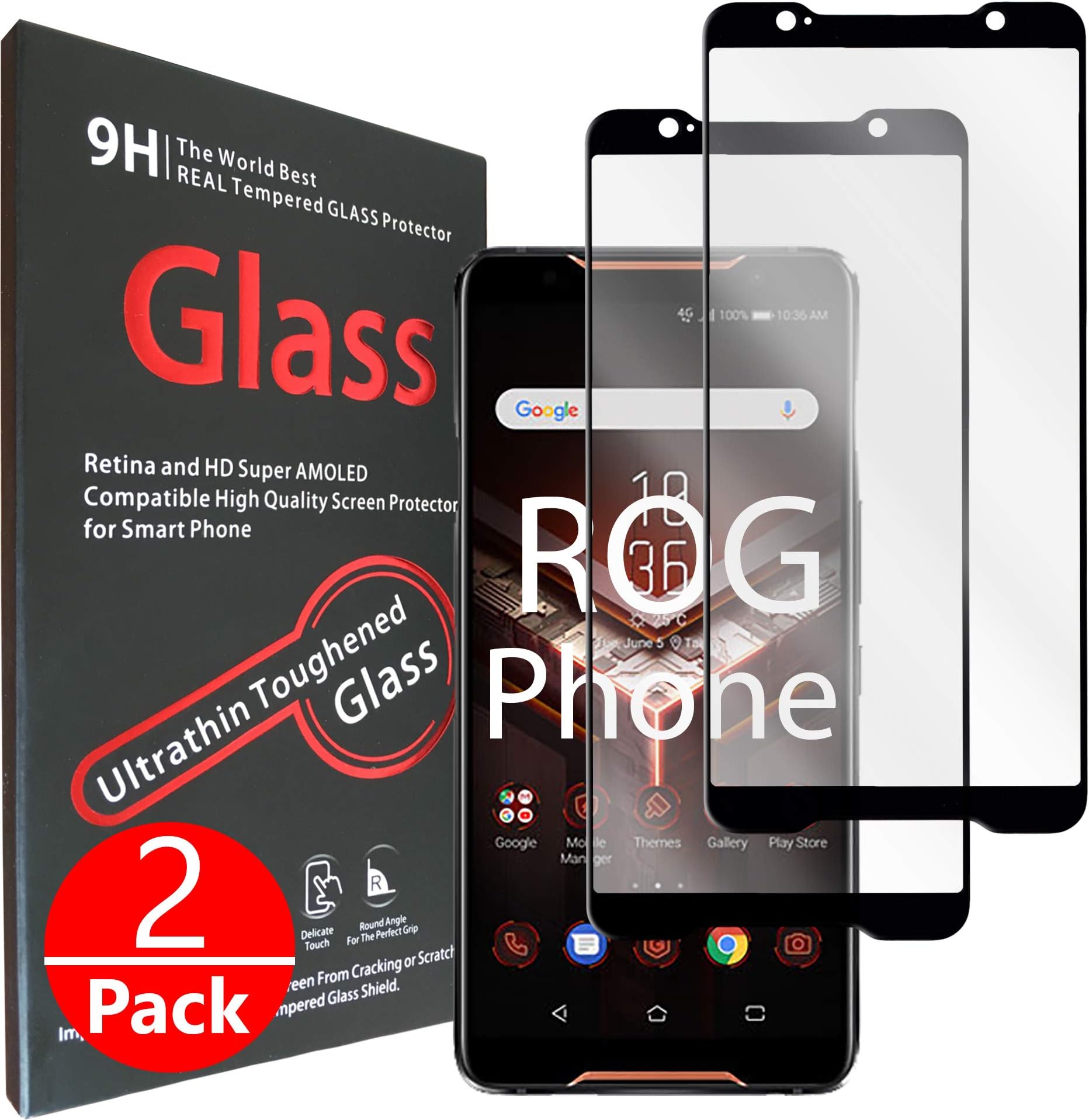 Tektide Screen Protector Compatible for Asus ROG Phone, [Full Glue Full Cover] Drop-Protection Shatter-Proof Safety Laminated Tempered Glass Screen Cover/Display Shield [2 Pack]