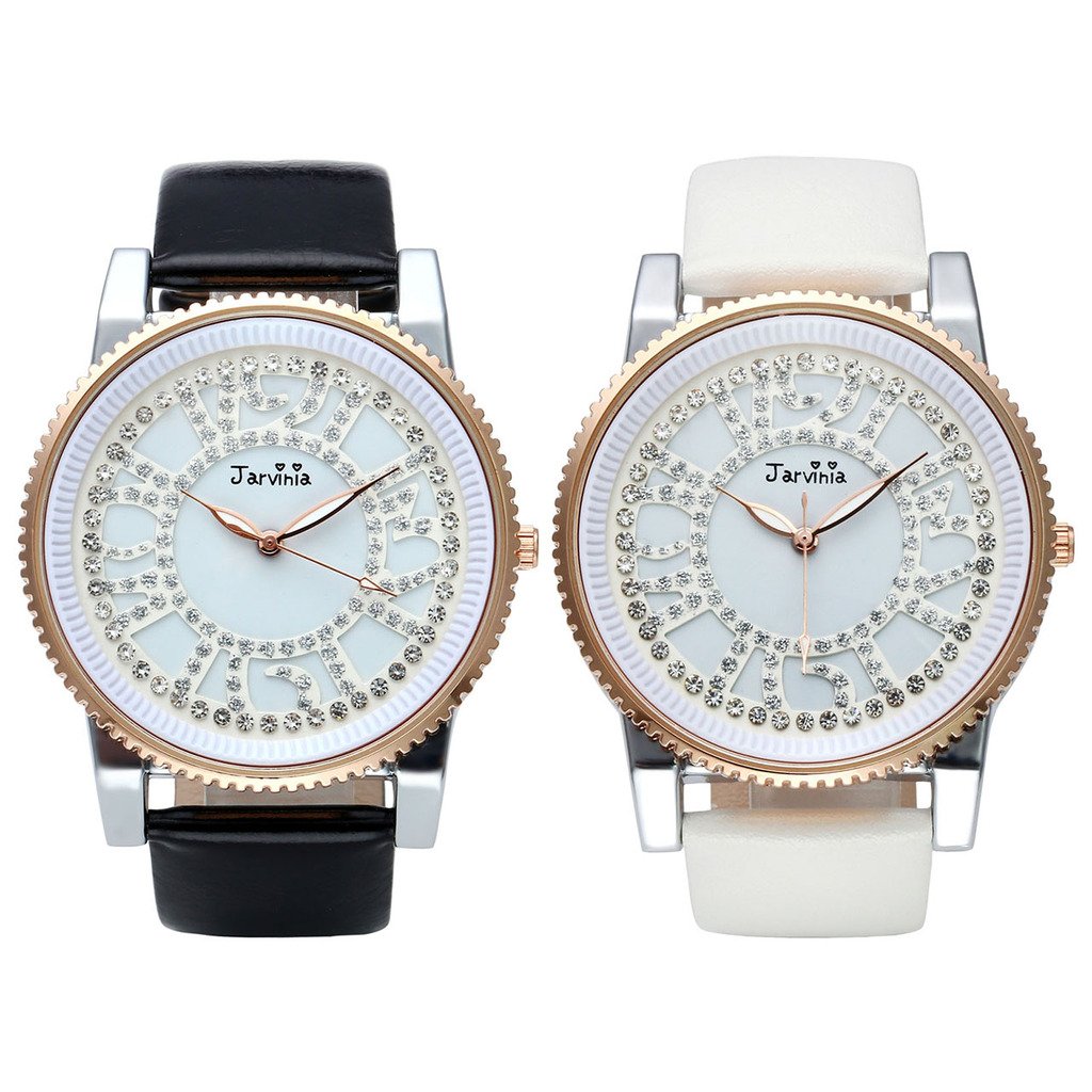 JSDDE Uhren,Elegant Frauen Armbanduhr Strass Ziffern Damen-Armbanduhr Echtleder Armband Analog Qaurzuhr J251,Schwarz