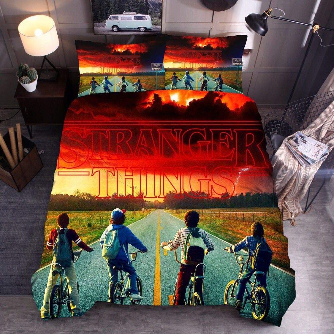 Duvet Cover Set 3 Pieces, Soft Microfiber 3D Stranger Things Funny Printed Zipper Closure Double Hypoallergenic Bedding Set with 1/2 Pillowcases (5,Single 135 * 200)