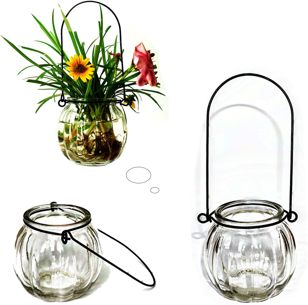 Cute Glass Vase for Flower Pots with Metal Lifting Handle,Aobik Clear Glass Jar Hydroponics for Plants and Flowers, Cute Pumpkin Contours Shape (Clear)