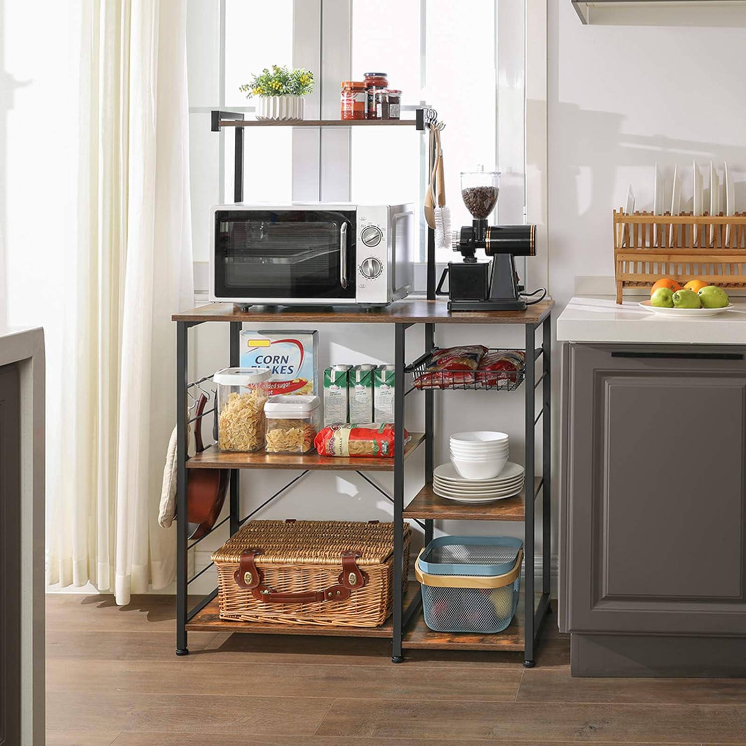 VASAGLE Baker’s Rack with Shelves, Kitchen Shelf with Wire Basket, 6 S-Hooks, Microwave Oven Stand, Utility Storage for Spices, Pots, and Pans, Rustic Brown and Black UKKS35X - Standing Baker's Racks