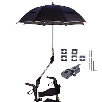 MPB® Rollatorschirm 99 SR (PASSEND FÜR 99% ALLER ROLLATOREN!), Regenschirm und Sonnenschirm, schwarz-reflektierend, mit 2 Ver