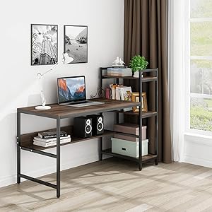 Tower Computer Desk with 4 Storage Shelves- Writing Study Table with Bookshelves Modern Study Desk Stable Student Desk for Small Space Steel Frame & Wood Desk Home Office Workstation –Walnut