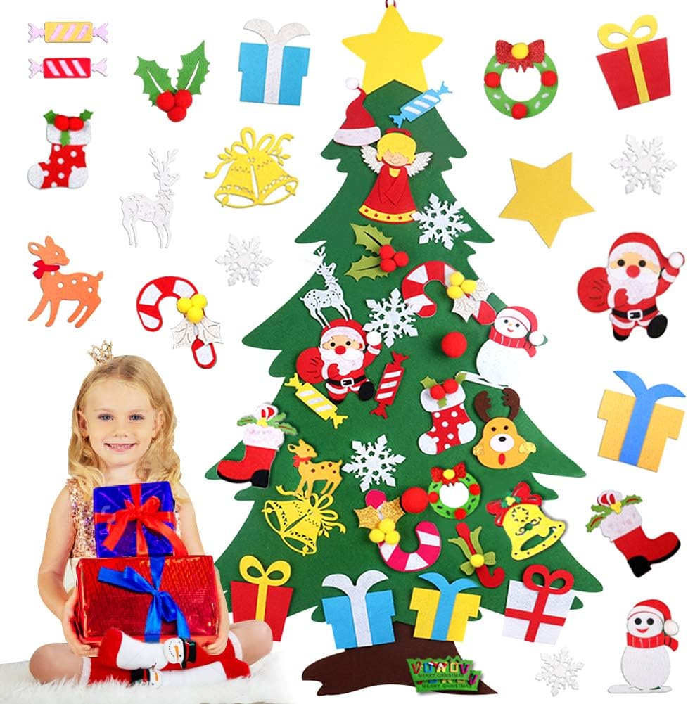 Amazon Com Vowov Felt Christmas Tree Decorations Set With Ornaments Double Stitched Wall Hanging Handmade 30pcs Detachable Christmas Ornaments 3 3 Ft Home Kitchen
