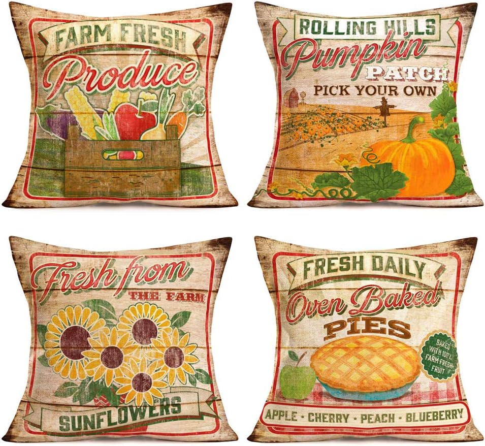 Pillow Covers Vintage Wood Grain Background with Farm Fresh Quote Cotton Linen Fruit Vegetable Sunflower Throw Pillow Covers Autumn Fall Pumpkin Decorative Pillow Case Cushion Cover 18" (Wood Fruit)