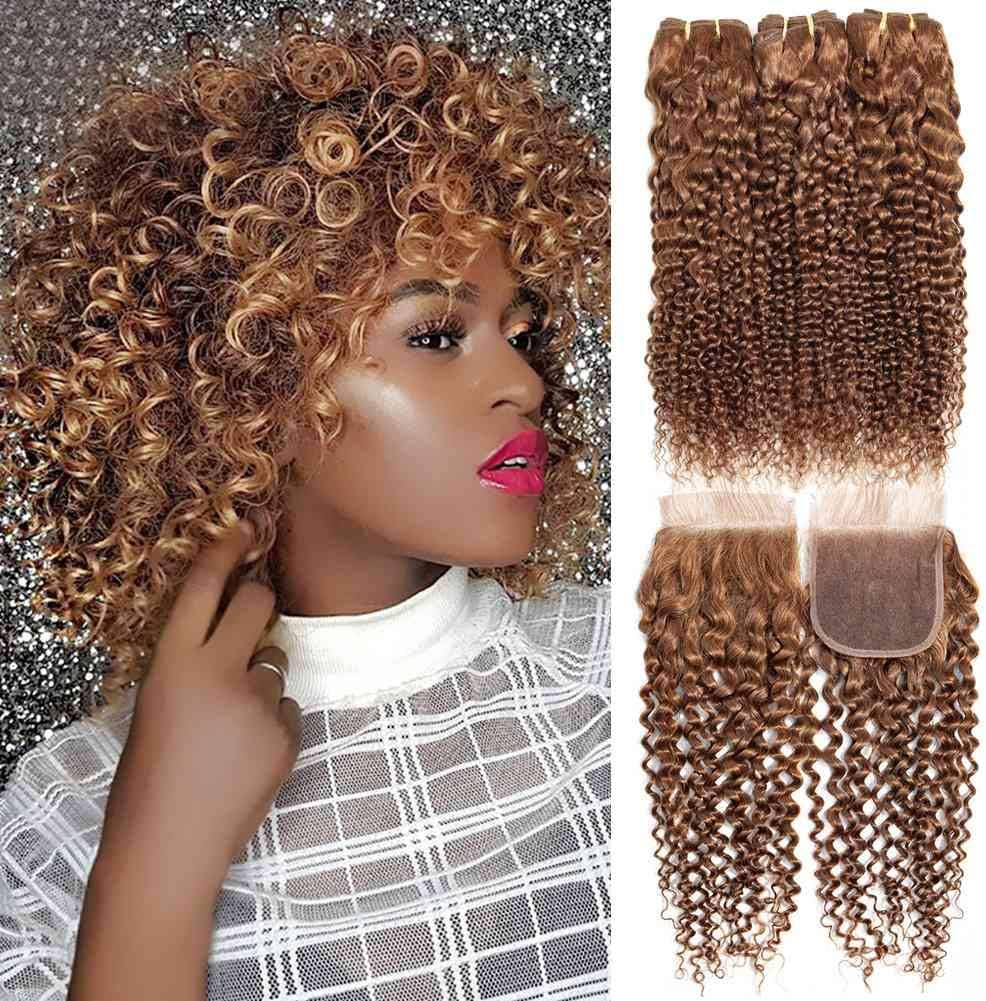 Brazilian Hair Kinkly Curly Light Brown Bundles with Closure with Baby Hair 100% Human Hair Kinkly Curly Hair Bundles with Closure 4x4 Free Part Closure Curly Hair extension 30#(14"16"18"+14"closure)