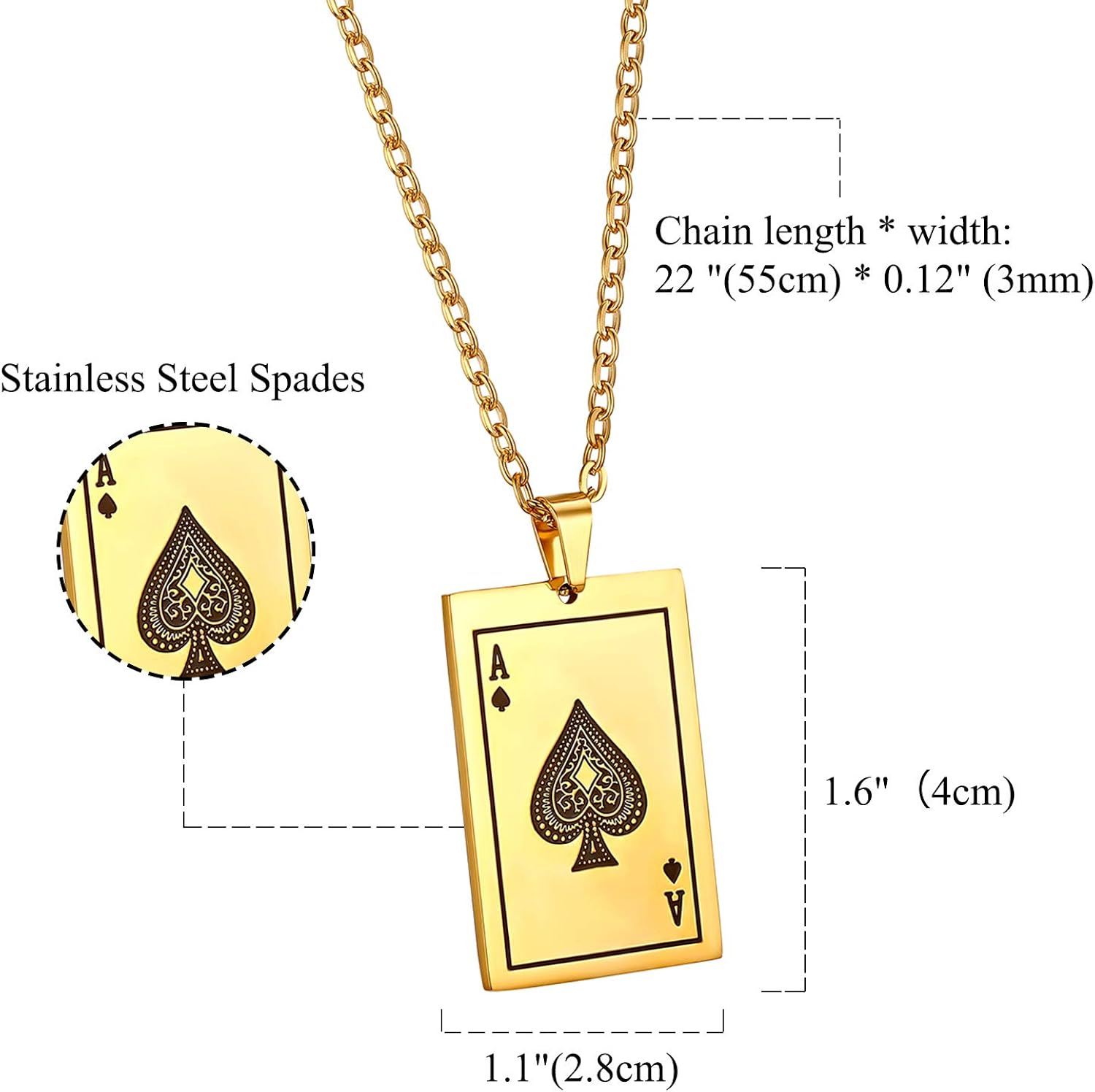 Cupimatch Mens Stainless Steel Ace of Spades Queen Heart Poker Playing Card Pendant Necklace 22 Inch Chain Gold for Fathers Day - Image 4