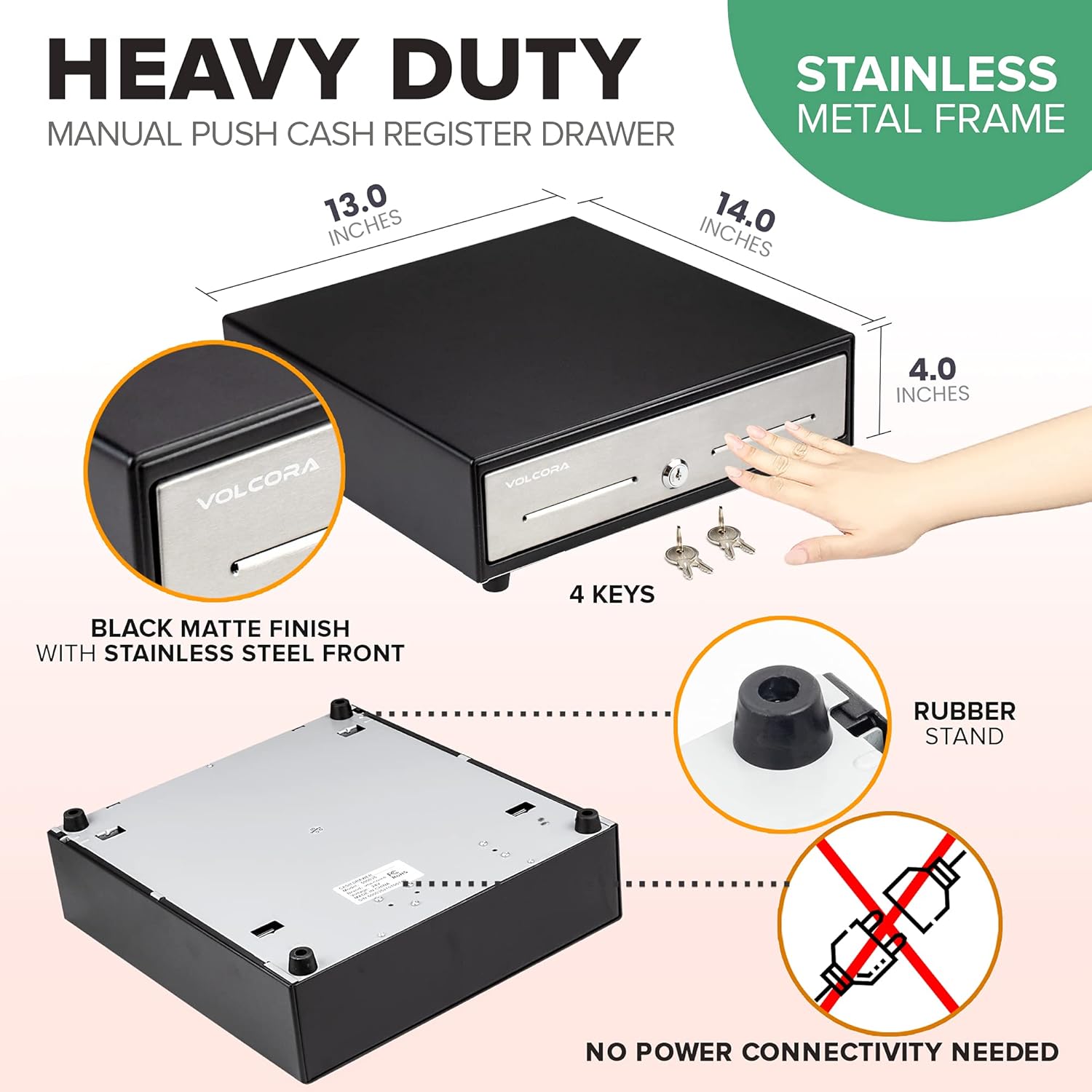 13" Manual Push Open Cash Register Drawer for Point of Sale (POS) System - Black with Stainless Steel Front Touch Panel - Small Cash Drawer with 4 Bills and 5 Coin Slots, Fully Removable Money Tray : Electronics