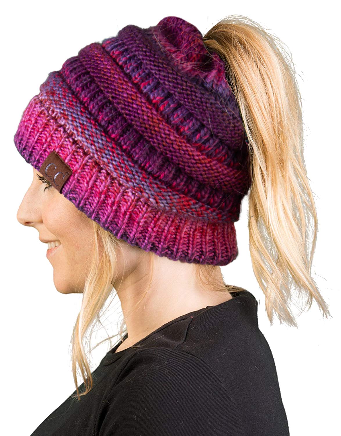 Funky JunquePonytail Messy Bun BeanieTail Women's Beanie Solid Ribbed Hat Cap