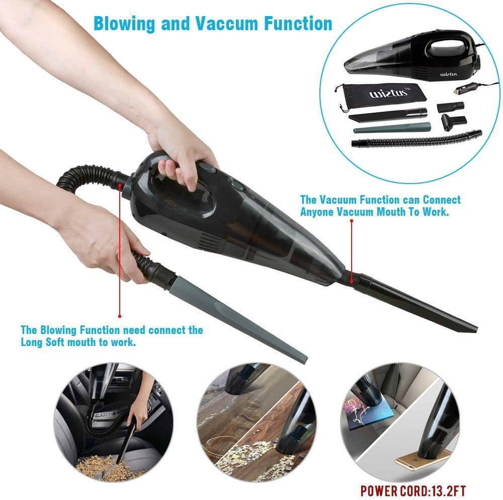 Car Vacuum Cleaner,Wietus™12V,Power:85W,3.2KPA Suction, Portable Wet/Dry Handheld Auto Car Vacuum Cleaner,Blow Cleaner and Vacuum Cleaner Function,13.2FT(4M) cord, Put 5-in-1 Vacuum Mouths to Vacuum the Hair&Wool Fabric&Water With Pouch