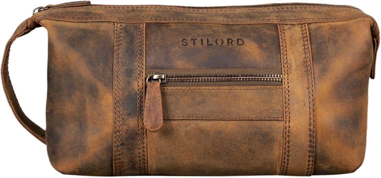 STILORD "Bruno" Men's Wash Bag Vintage Leather Travel Toilet Bag Toilet Kit with Wrist Strap 2 Compartments Overnight Wash Gym Bag Colour:Middle Brown - Image 3