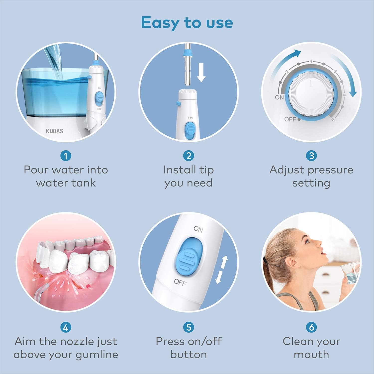 Water Dental Flosser, KUOAS Water Dental Flossers for Teeth with 600ml Capacity and 8 Multifunctional Tips , 10 Pressure Countertop Water Power Flossers for Braces (White): Health & Personal Care