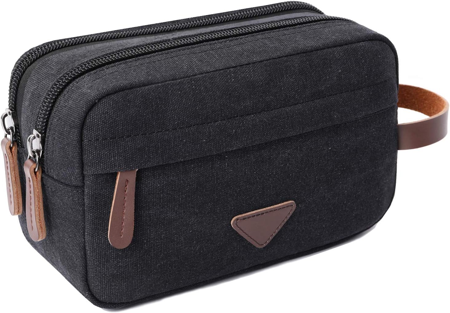 Mens Travel Toiletry Bag Canvas Leather Cosmetic Makeup Organizer Shaving Dopp Kits with Double Compartments (Black)