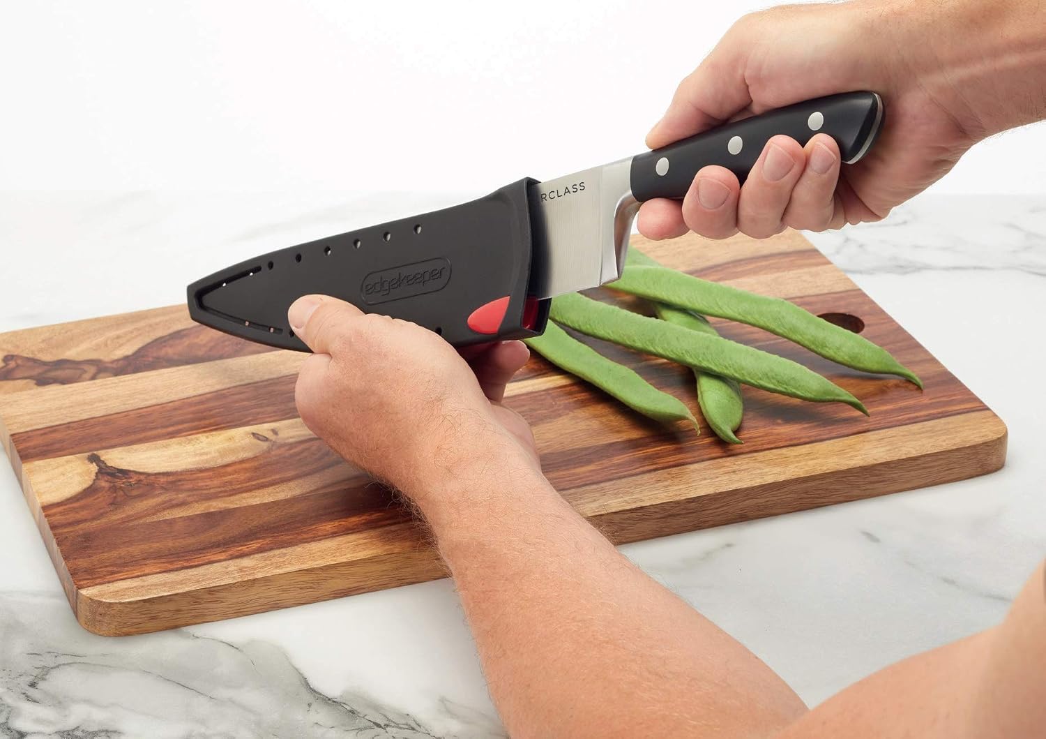 MasterClass Chef Knife with Knife Sharpener Sheath EdgeKeeper, Stainless Steel, 20 cm ( 8"), Black - Image 4
