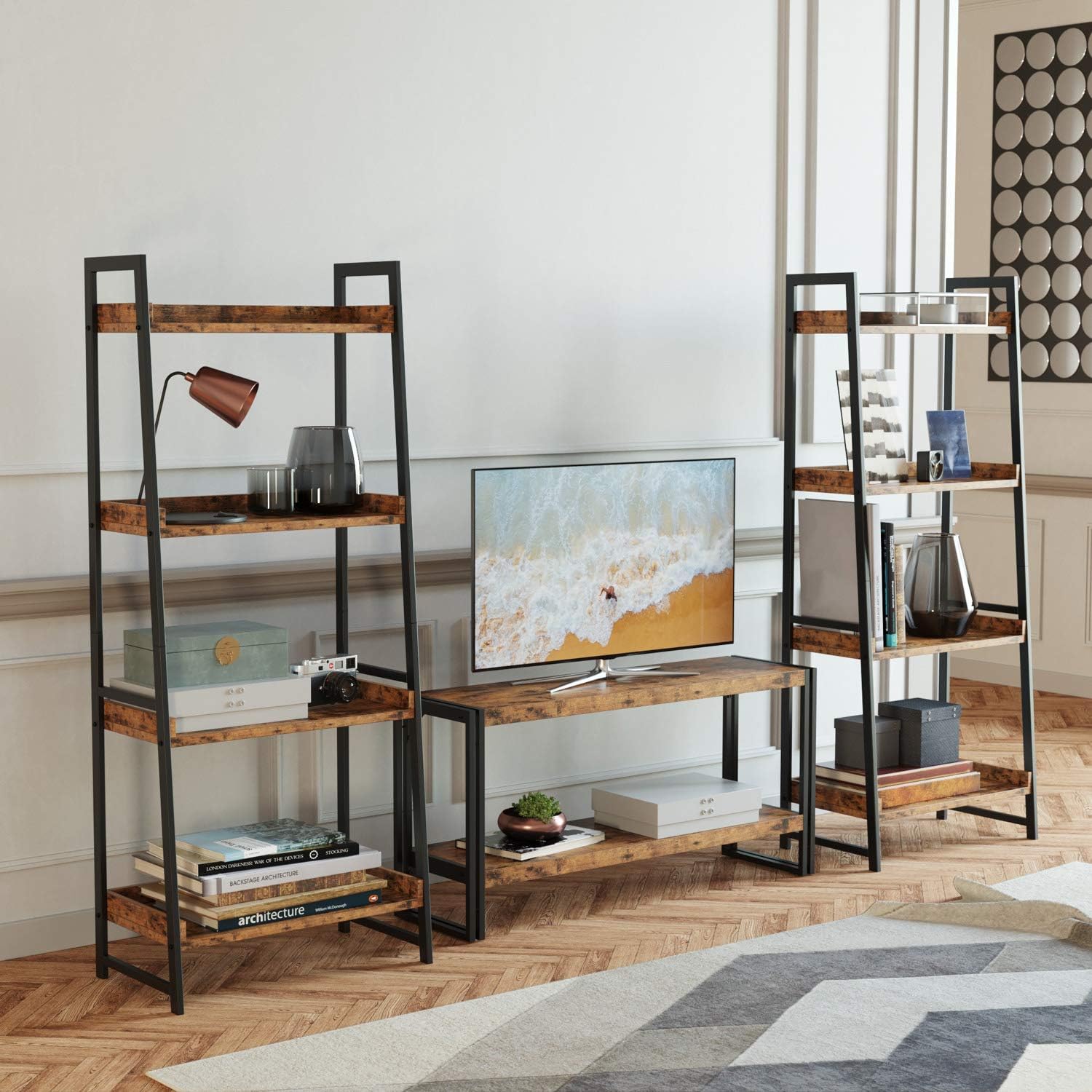 IRONCK Industrial Bookshelf, 4-Tier Ladder Shelf, Storage Shelves Rack Shelf Unit, Wood Look Accent Furniture Metal Frame, Vintage Home Office Furniture for Bathroom, Living Room, Rustic Brown: Kitchen & Dining