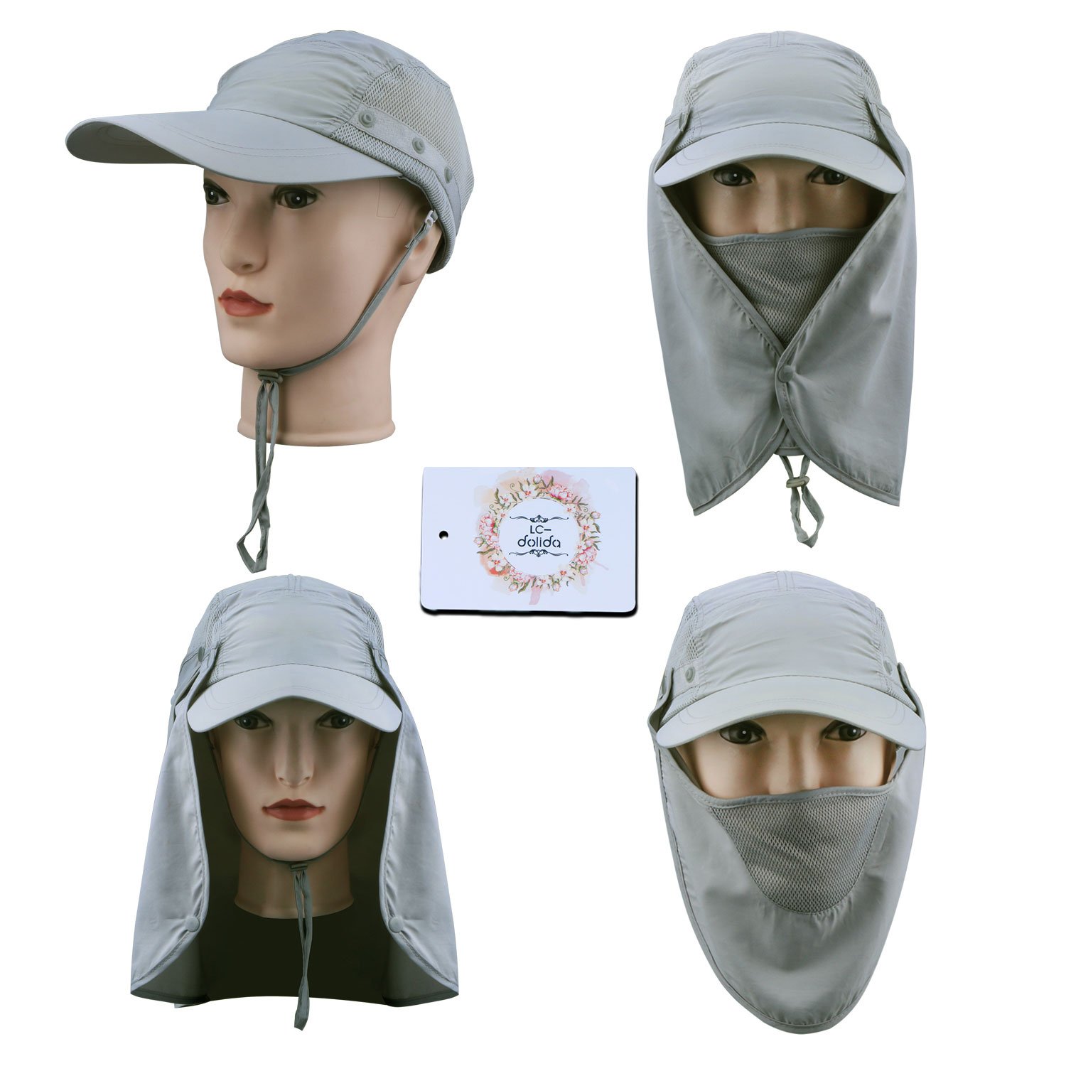 360° UV protection Sun Cap,Dolida Flap Hat Man Women Folding UPF 50+ Sun Cap Adults Removable Neck & Face Flap Cover Cap for Fishing Hiking Garden Work Outdoor Activities Grey