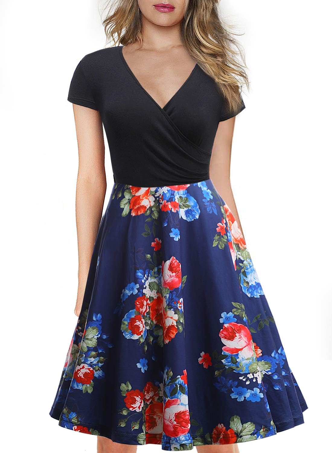Arolina Women's V Neck Cap Sleeve Pocket Floral Print Flared A Line Cocktail Swing Dress