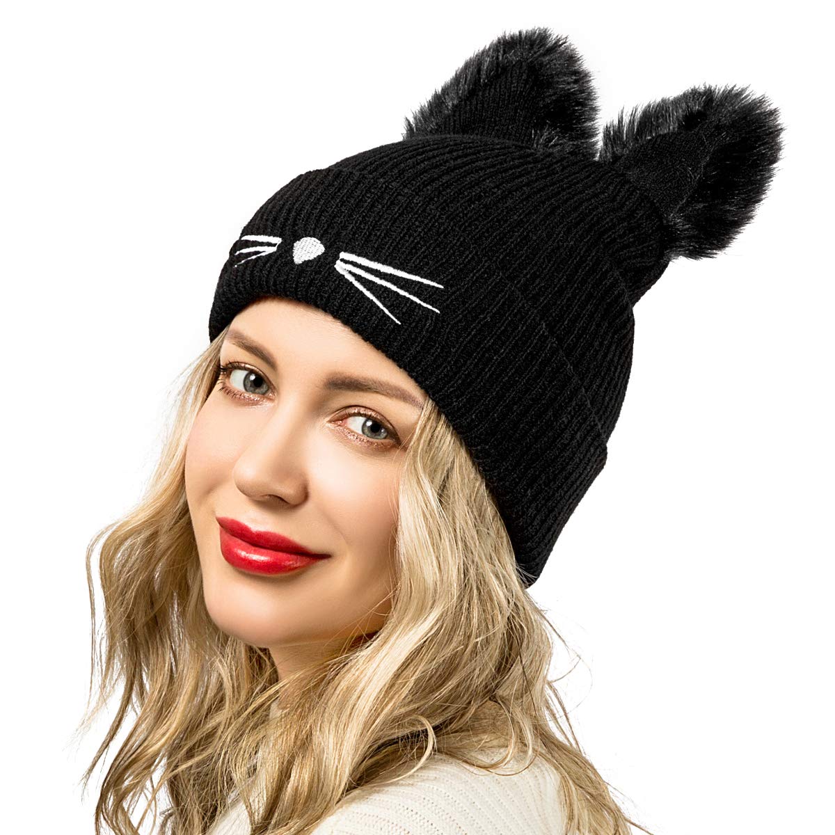 EVRFELAN Black Cat Ears Hats Embroidered Warm Knit Crochet Beanies Wool Cute Fashion Skull Cap for Women Girls in Fall Winter