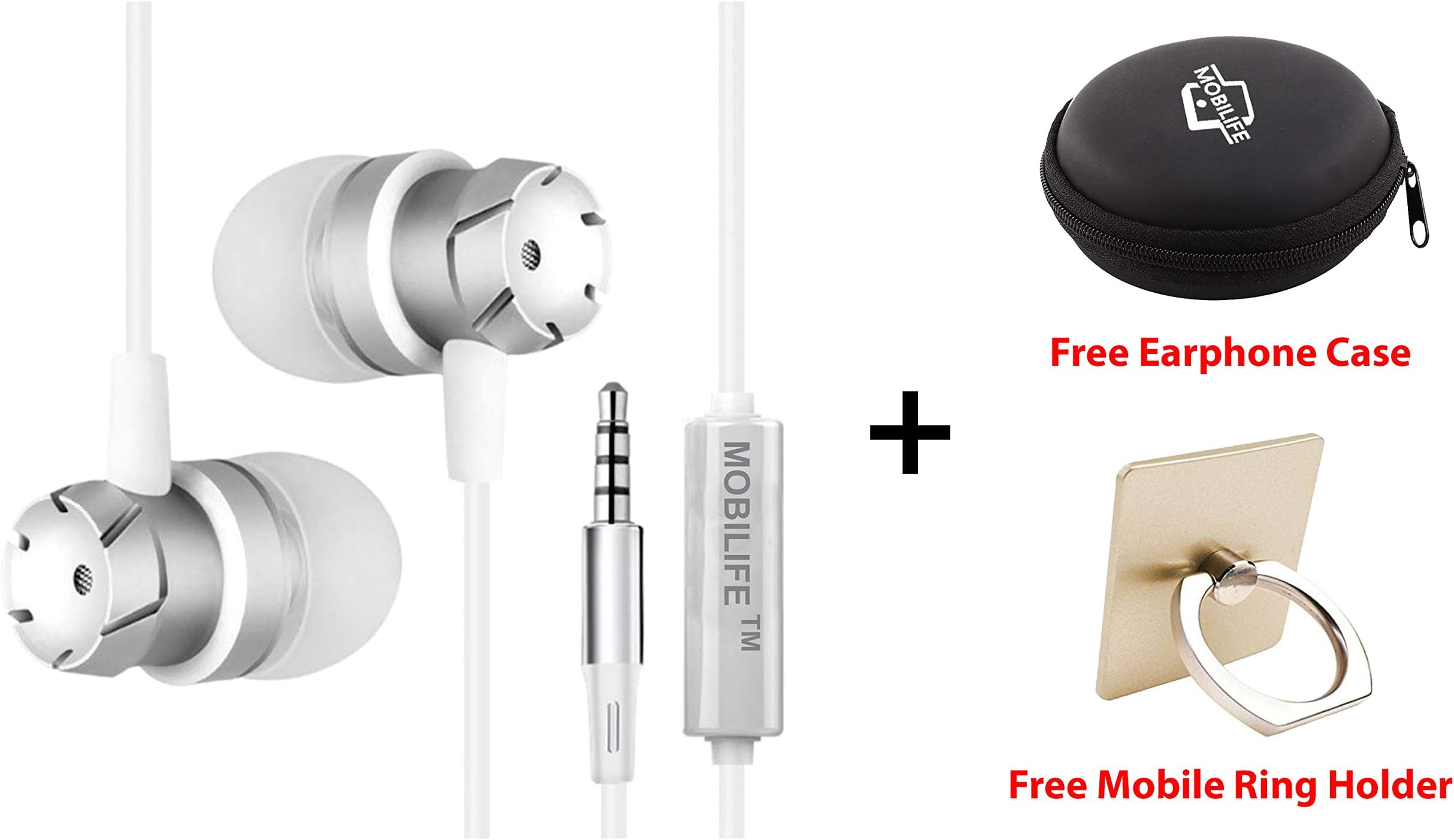 Mobilife Metal in-Ear Earphone, Extra Bass, Remote Control, Mic and Phone Call and Free Earphone Carry Case, Mobile Ring Holder (Silver)
