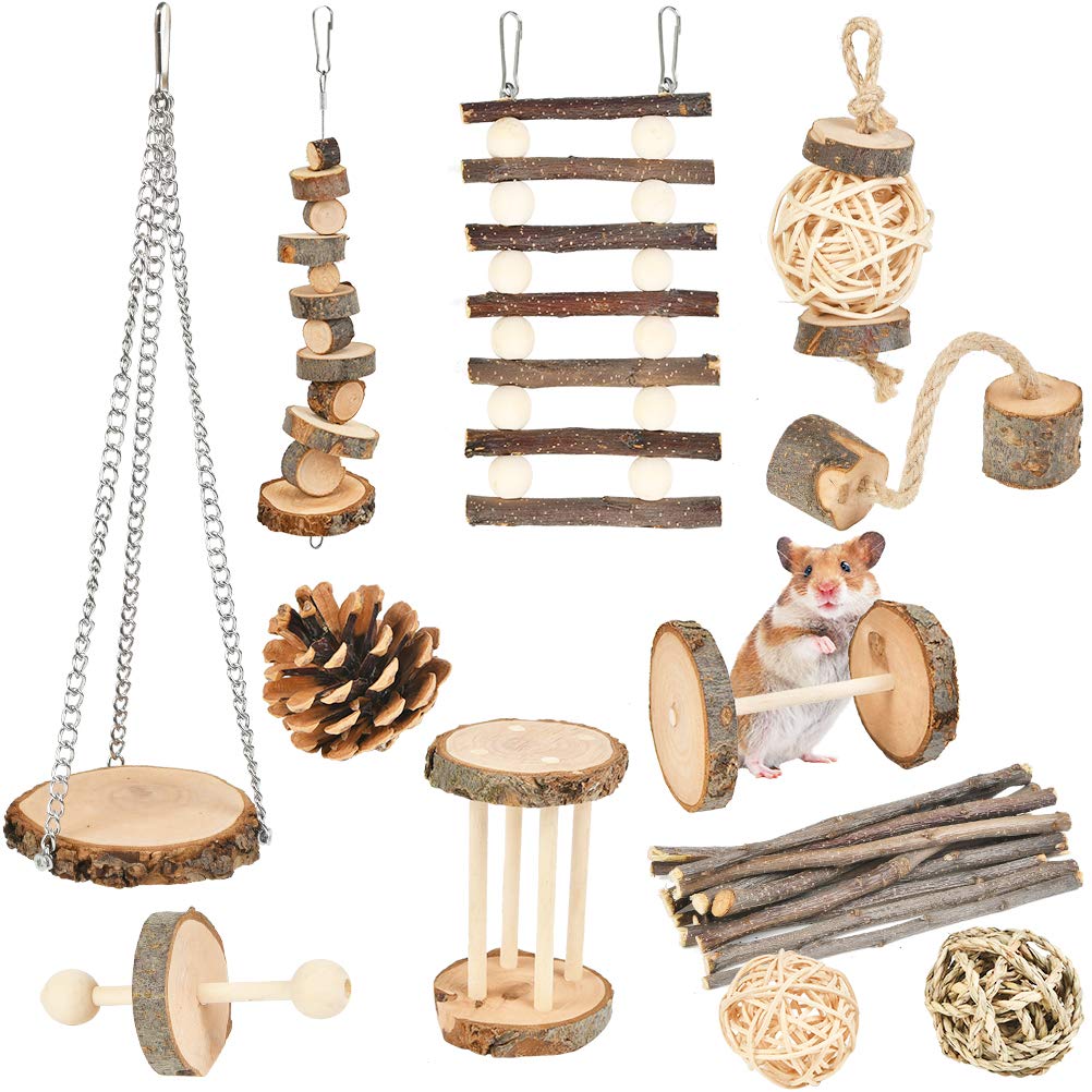 UCATQ QLOUNI Hamster Chew Toys, 12 Pack Natural Wooden Pine Guinea Pigs Rats Chinchillas Toys Accessories Exercise Bell Roller Teeth Care Molar Toy for Bunny Rabbits Gerbils