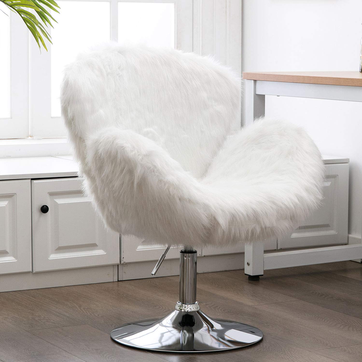 Kmax Faux Fur Accent Chair Height Adjustable Plush Vanity Stool For Bedroom Shaggy Dog Shell Chair For Dorm Living Room White Amazon In Home Kitchen