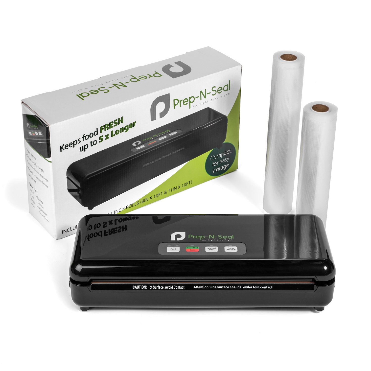 Prep-N-Seal Food Vacuum Sealer Machine with Heat Seal Rolls, Home Kit, Automatic, Compact, Kitchen-Friendly, Easy to Operate, Stores Fresher, Healthier Foods