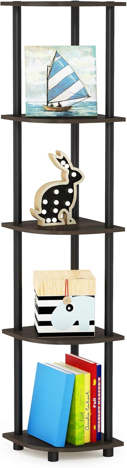 Furinno Turn-N-Tube 5 Tier Corner Shelf, Dark Brown Grain/Black: Furniture & Decor