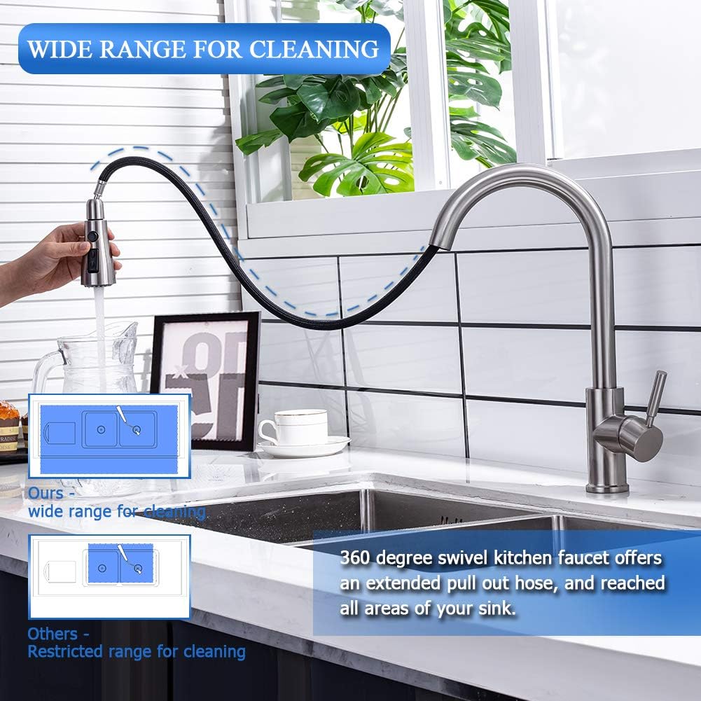 Kitchen Faucet, Kitchen Sink Faucet Arofa Single Handle Stainless Steel Brushed Nickel Pull Down Kitchen Faucet with Sprayer - - 