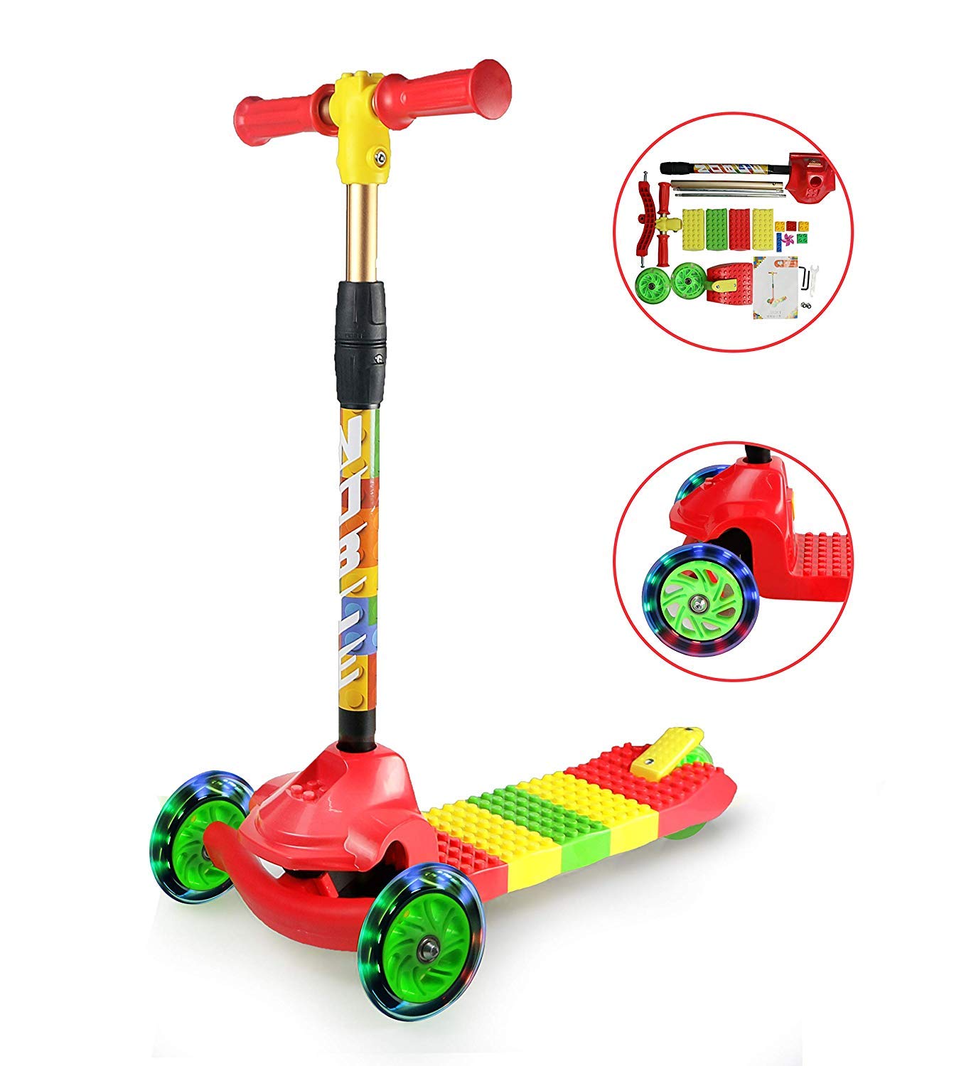 Fvino Scooter for Kids Premium 3 Wheel Kick Scooter for Ages 3-14 with Mute flash Light-Up Wheels DIY Splicing Design ，Adjustable Handles & Lightweight Construction， Load capacity up to 80KG