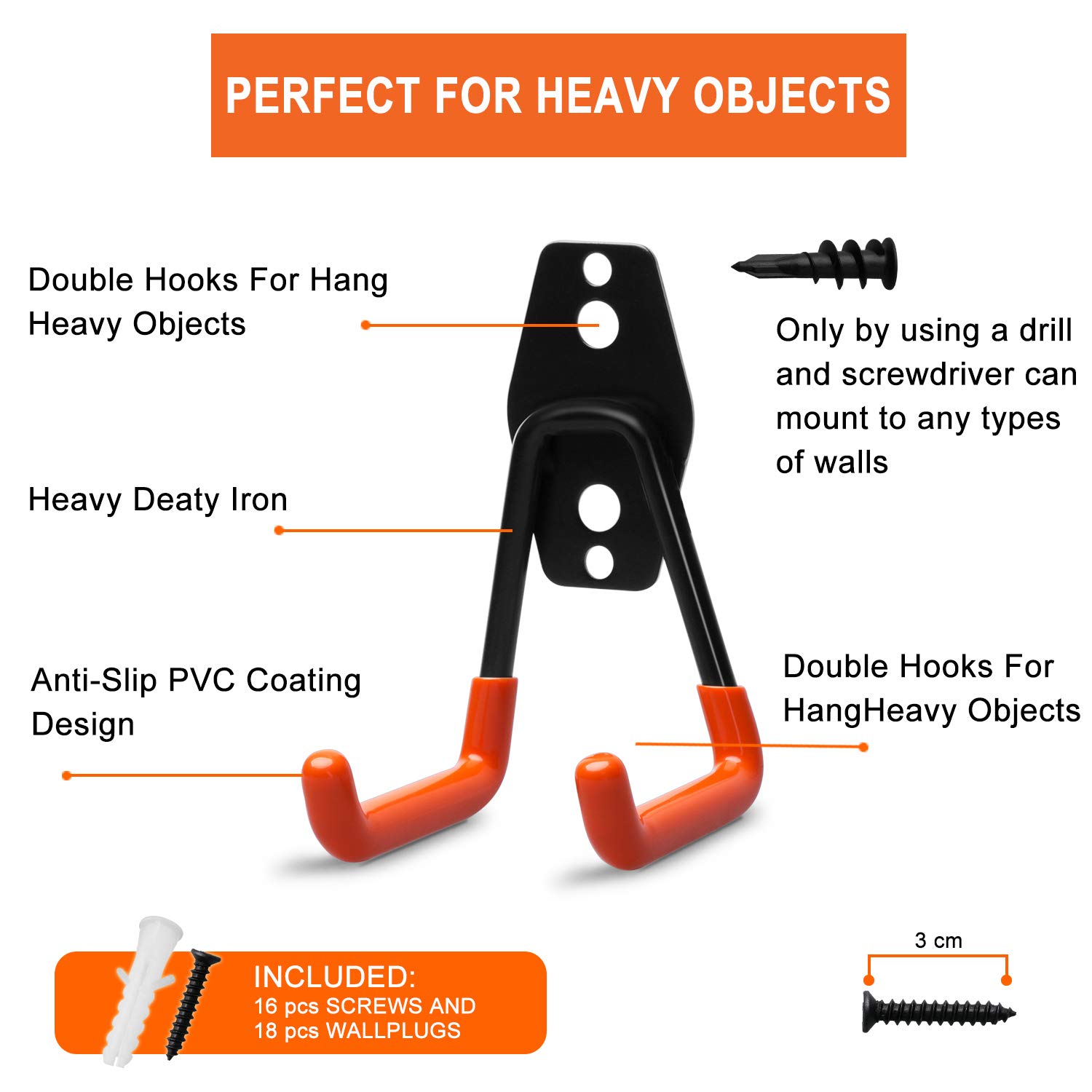 EletecPro 8 Pack Garage Wall Hooks,Steel MultiSize Extended UHook for