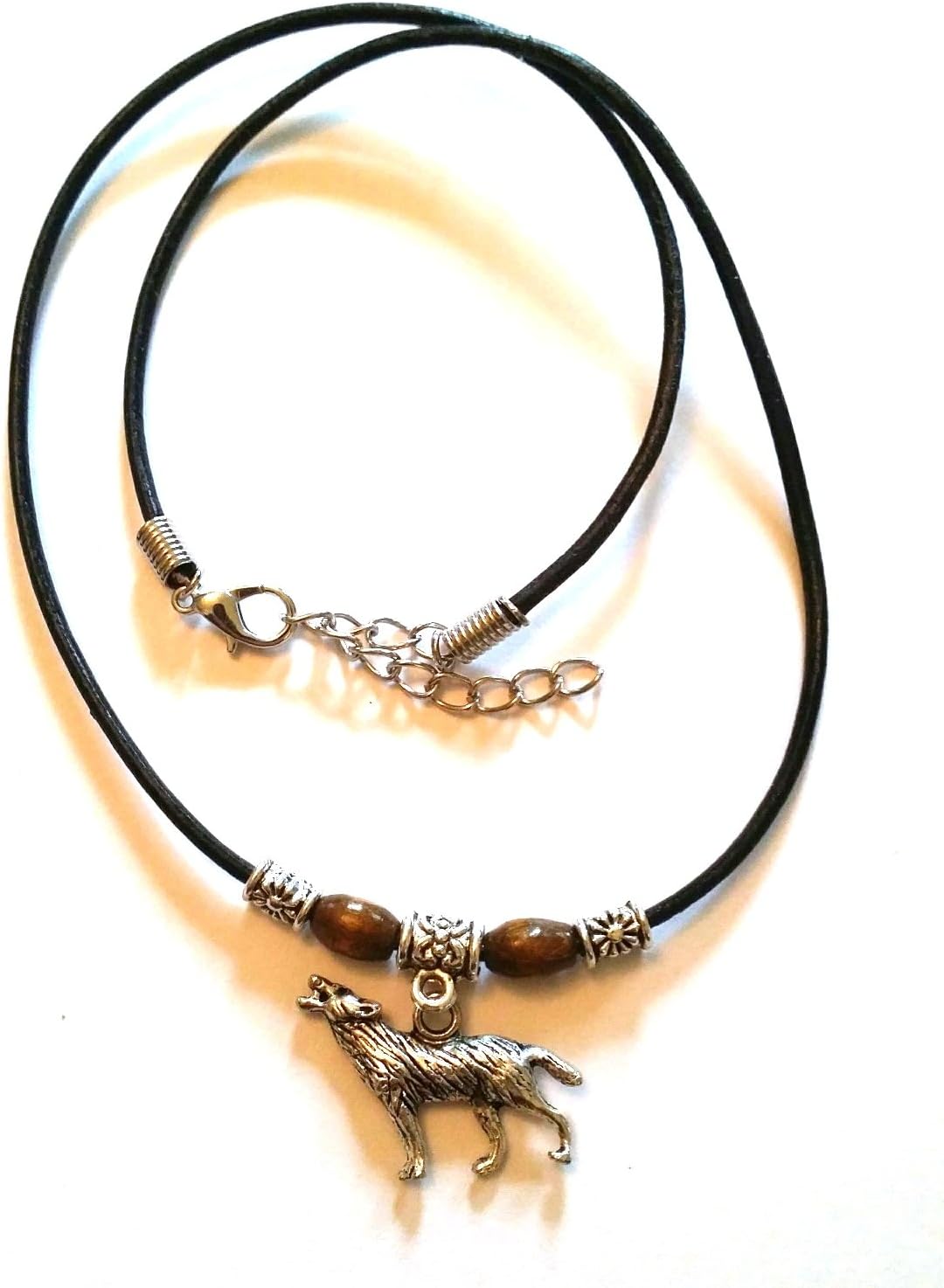 Retro Black Real Leather Cord Choker Necklace & Tibetan Silver Pendant Charm - 13" with Added 2" Chain (Wolf Charm)
