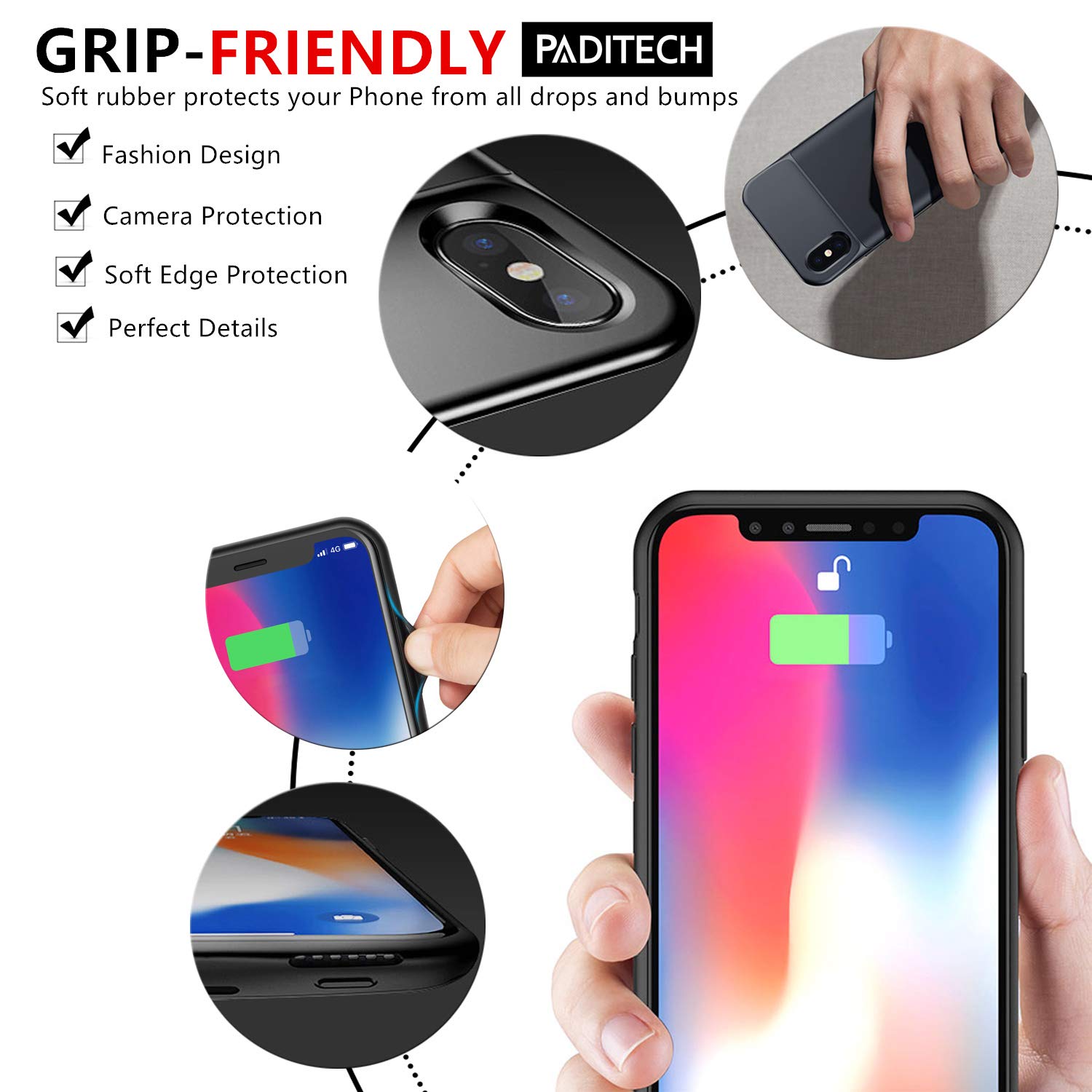 PADITECH Coque Batterie pour iPhone X/XS, 6000mAh Chargeur Portable Batterie Externe Rechargeable Puissante Power Bank Coque Batterie pour iPhone X/XS [5.8 Pouces]