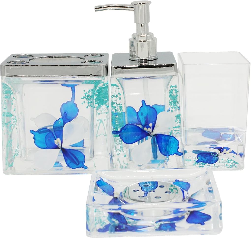 EUMAT Nature Series Bathroom Organizer Set Acrylic 4 PCS Bathroom Washing Accessory Set With Blue Color Flower NB4-013