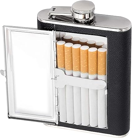 SNDIA Stainless Steel Pocket Hip Flask with Built in Cigarette Case(Black, Medium)