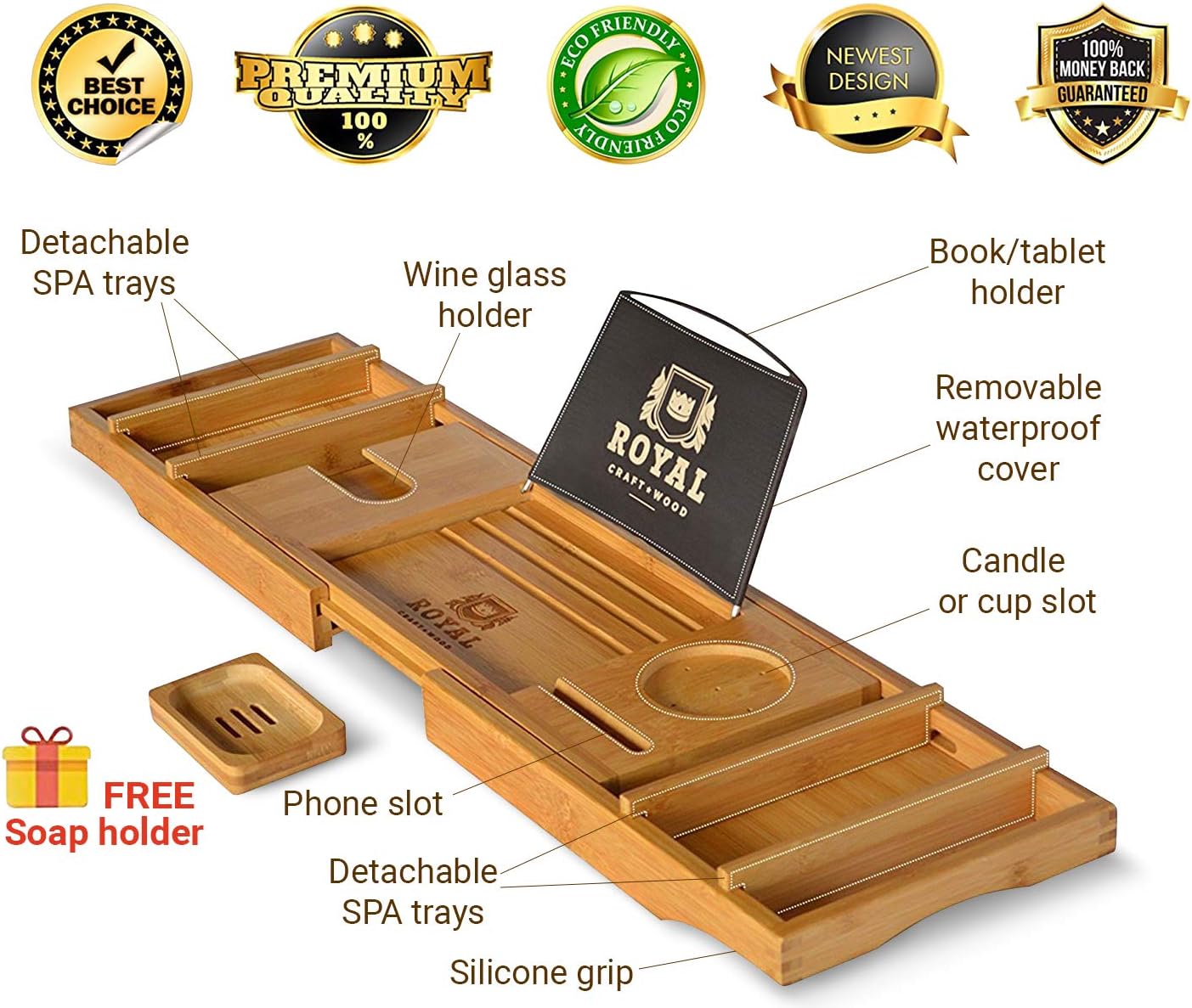 ROYAL CRAFT WOOD Luxury Bathtub Caddy Tray, One or Two Person Bath and Bed Tray, Bonus Free Soap Holder (Natural): Home & Kitchen