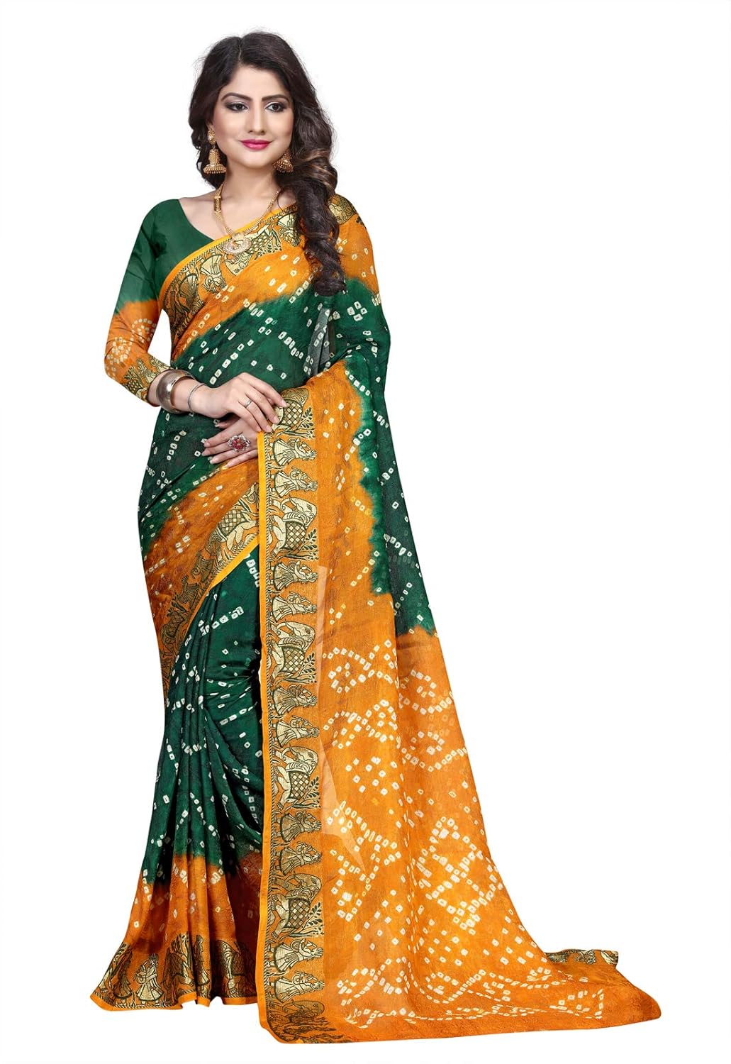 Mustard Green Georgette Jacquard Border Bandhani Saree Collection