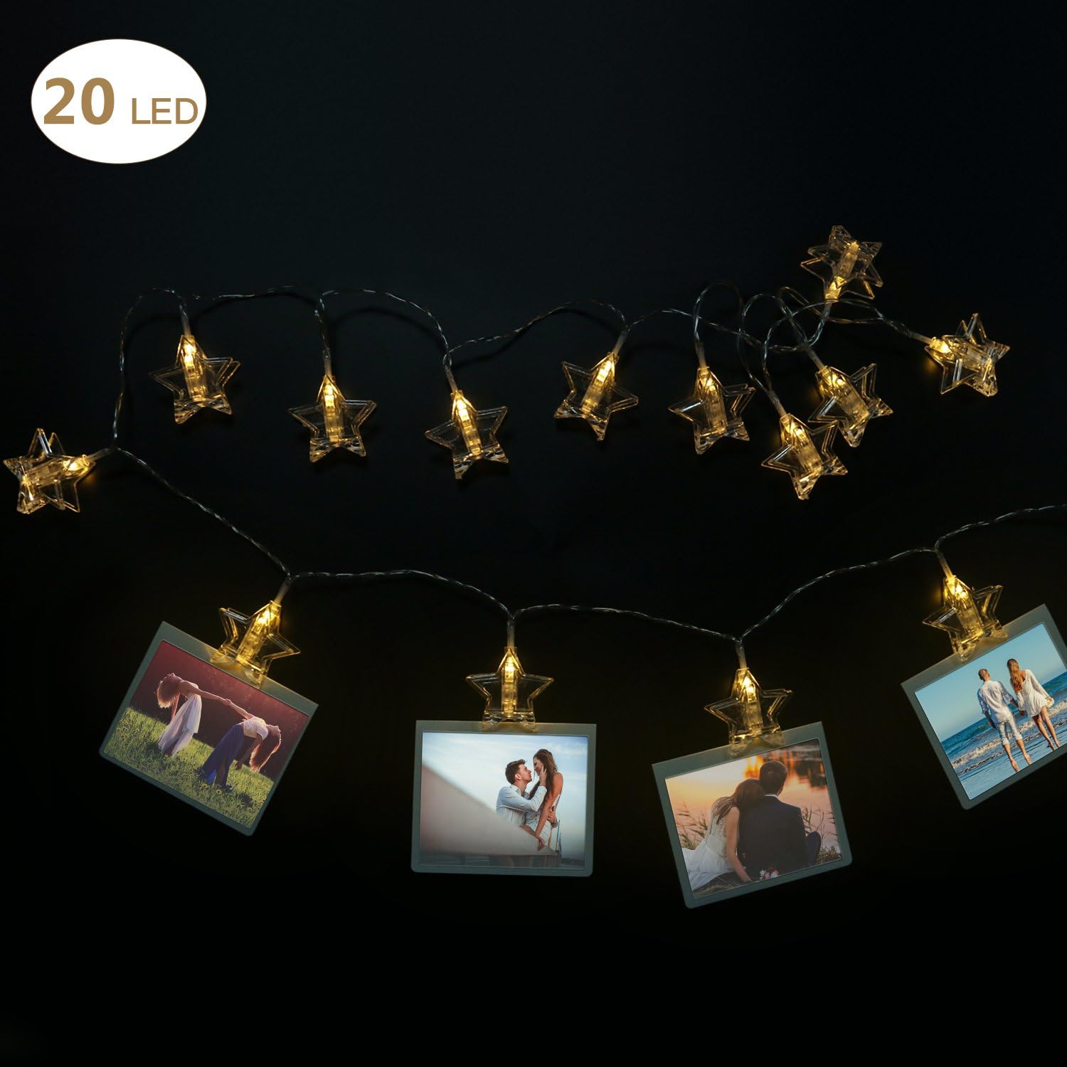 LED Photo Clip String Light - 20 Photo Clips Elegant Star LED Picture Lights with 2 Modes Good for Small Spaces Portable(Warm White) (USB Powered)